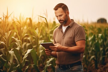 Wall Mural - a modern adult farmer in a corn field using a digital tablet