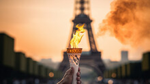 Olympic Flame With The Eiffel Tower In The Background. Ai Image