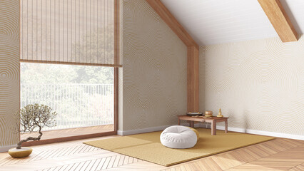 Wall Mural - Japandi meditation room in white and yellow tones in modern attic, pillows, tatami mats and window. Wooden beams and parquet floor. Minimalist interior design