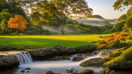 Morning light meadow. A hidden lawn in a forest, with two streams joining, background with trees, hills and fog.
