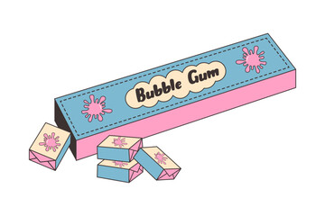 Bubble gum in pack. Retro 80’s or 90’s cute and sweet chewing candies. Y2k trendy sticker, fashion patch, badge, emblem.