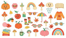 Groovy Retro Autumn Set. Fall Psychedelic Cute Icons 60s, 70s. Hippie Aesthetic Collection. Fall Vibes Decorative Vector Flat Symbols.