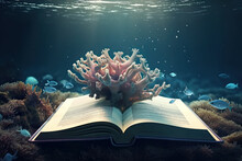 Abstract Fantasy Open Book With Corals And A Lot Of Fish Under Water
