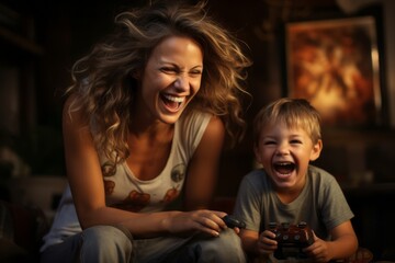 Wall Mural - Happy mother and son play video games in living room. Generative Ai