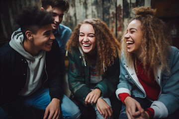 Wall Mural - A group of modern young people laugh and play together.  