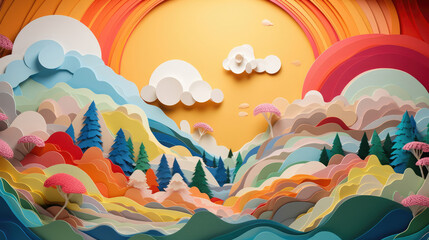 Paper Art Layered of colorful natural landscape view with sun mountain and sky