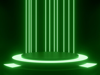 Wall Mural - 3D black geometric podium with green neon lights. Sci-Fi mock up.