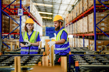 checking and inspecting metal machine part items for shipping. male and woman worker checking the store factory. industry factory warehouse. The warehouse of spare part for machinery and vehicles.