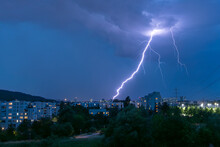 Thunderstorm With Lightning Over City, Zurich, Switzerland