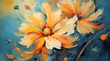 Orange And Yellow Flower On Green Abstract Painting Of Orange And Yellow Flowers On Blue And Green Background . Art Painting For Wall Frames. Ai Generative