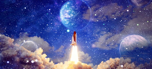 Wall Mural - spaceship in deep space. dark space with stars on background. elements of this image furnished by na