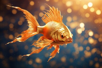 Wall Mural - Golden fish underwater, dark background.