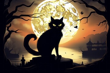 Wall Mural - Black cat on the background of the moon in the style of drawing or illustration as symbol of superstition. AI generated