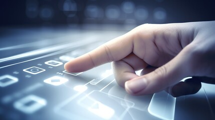 Hand touching virtual panel with code on media screen