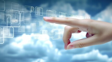 Hand touching virtual panel with code on media screen
