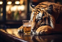 Drinking Tiger With A Glass Of Beer.