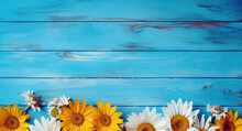 Sunflowers And Daisies Blossom Against The Blue Backdrop, Forming Nature's Lively Canvas, While The Unoccupied Space Encourages Creative Expression