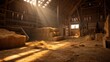 Hayloft interior with hay-bales and sun rays.
