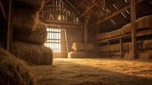 Hayloft Interior With Hay-bales And Sun Rays.