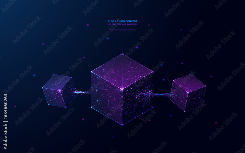 Abstract blockchain technology concept on futuristic low poly wireframe ...