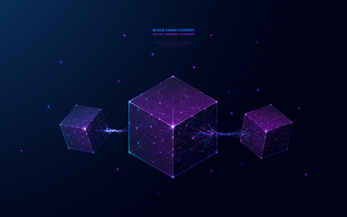 Abstract blockchain technology concept on futuristic low poly wireframe style. Digital Linked blocks contain cryptography hash and transaction data on dark space background with a glowing starry sky.