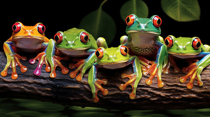 Wall Mural -  a group of frogs sitting on top of a tree branch.  generative ai