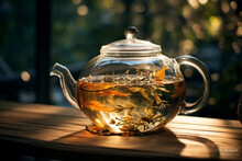 Glass Teapot With Floating Tea Leaves. Generative AI