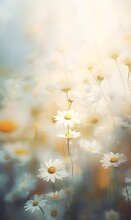 Flower Daisies Background, Summer, Bright Summer Fresh Flowers With Dew Drops, In Blur, Fog, Flower Background For Phone, AI Generated