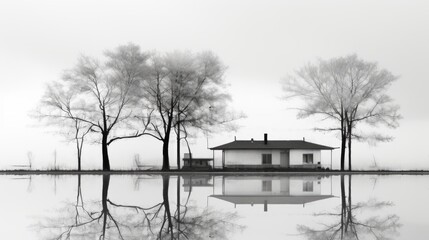 Canvas Print - A black and white photo of a house in the middle of a lake. Generative AI image.