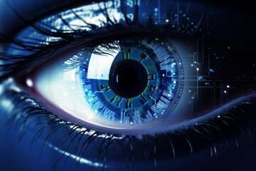 Sticker - futuristic eye technology blue digital iris. Generative AI