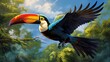  a bird with a colorful beak flying through the air with trees in the background.  generative ai