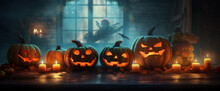 Blue Sky Night Evil Table Pumpkin Background Mystery Halloween Fear Horror. Generative AI.