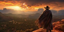 Mexican Gunslinger With Poncho And Hat, Landscape With Canyons And Sunset, Old West Concept. Generative AI