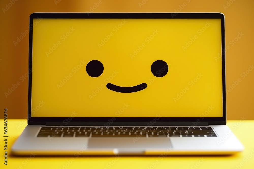 Happy Face Using Computer Laptop with happy emoji face smiling on screen, technology and chat ...