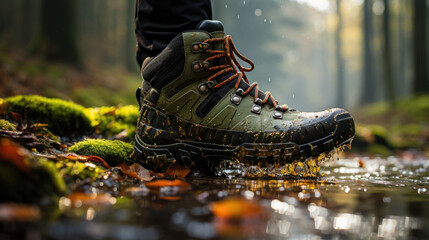 Canvas Print - A person wearing hiking boots standing in a puddle. Generative AI image.