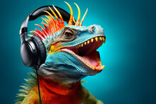 Happy Smiling Iguana Wearing Headphones. Generative AI