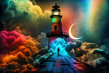 Lighthouse In The Night With Moon And Different Colors 