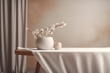 Blank cream fabric tablecloth on table counter podium, cherry blossom branch in white rock vase. Ai Generative