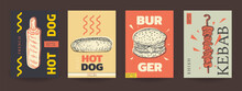 Set Fast Food Template Background For Cover, Poster, Menu With Burger, Kebab, Hotdog In Vintage Sketch Style. Collection Bright Creative Graphic Concept Design. Vector Illustration.