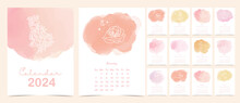2024 Watercolor Monthly Calendar With Orange,yellow,pink.Vector Illustration For Kid And Baby.Editable Element
