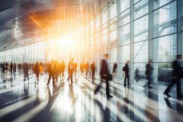 motion blur of business professionals at a huge congerence, spacious building