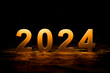 © Celt Studio - 2024 happy new year concept. Gold numbers 2024 on dark glowing background. Start new year 2024. 3d illustration