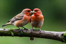 A Pair Of House Finches Are Sitting Together During A Rain Storm.