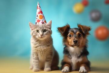 Wall Mural - Playful cat and dog dressed in funny party attire, standing against a vibrant and colorful backdrop, creating a joyful and festive atmosphere with their charming presence.