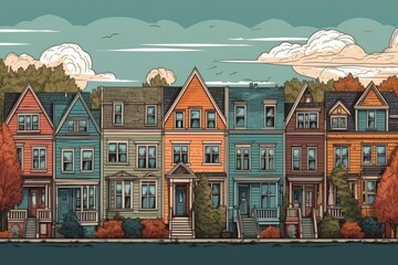 colorful row of buildings, city salem town houses street city house design illustration