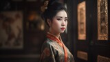 Fototapeta  - Asian woman in traditional kimono on dark background.