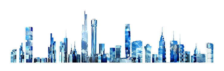 Wall Mural - Beautiful panoramic City view with skyscrapers, office buildings with blue sky reflection. 3D rendering illustration