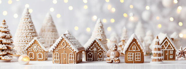 Wall Mural - Christmas gingerbread house decoration on white background of defocused golden lights. Hand decorated.