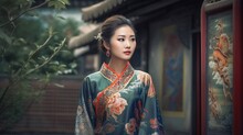 Asian Woman In Traditional Kimono On Dark Background.