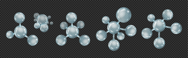 Molecule and atoms formula presentation, realistic illustration collection. Isolated glass structure of chemical substance, biology and science project protons connection presentation
